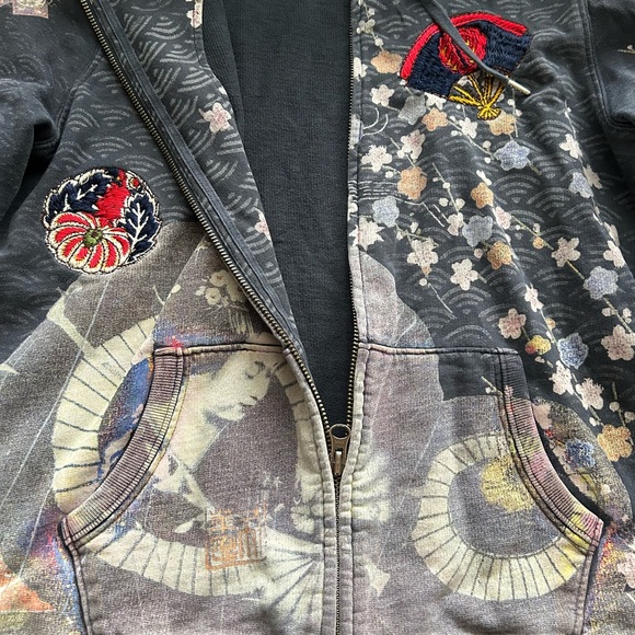 Y2K Rare Vintage Lucky Brand Asian Art Geisha Zip Up Hoodie Embroidered EUC Lg - Picture 6 of 16